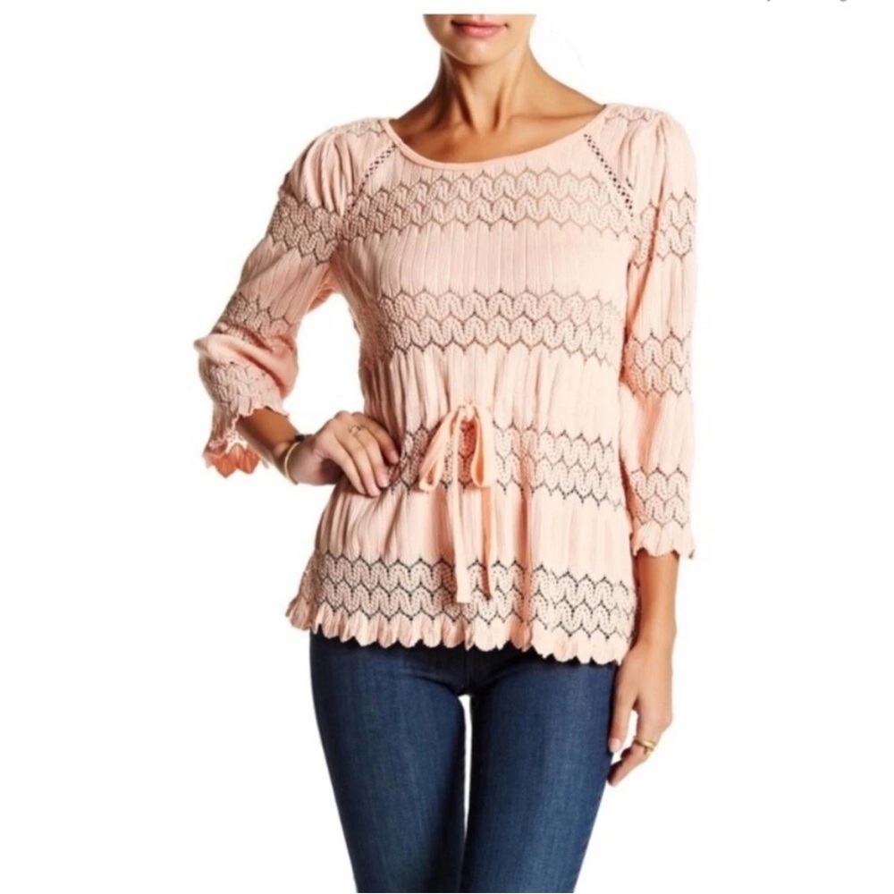 Boho Free People Fire Island Crochet Peach Lace Top. Medium.